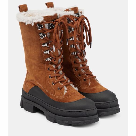 Jimmy Choo Aldea Lace-Up Shearling Lined Suede Camel Brown Mid Calf Boots - Picture 1 of 13